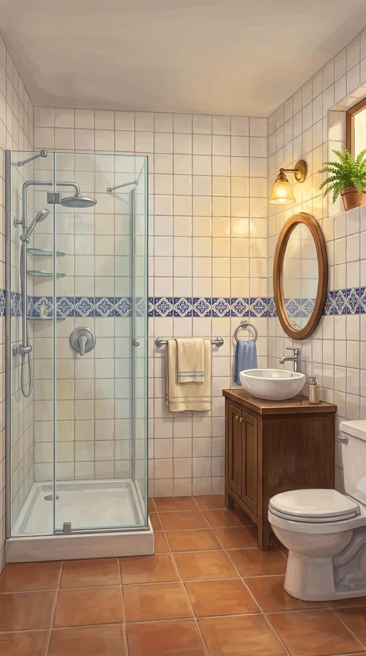 Un baño pintado, con puntos sobre los productos