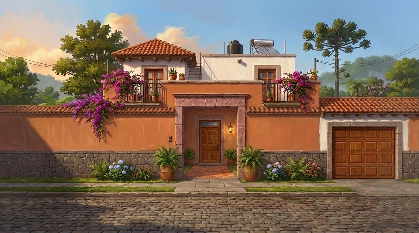 Una casa en Xalapa vista desde la calle, con barda color terracota, buganvilia y el portón abierto