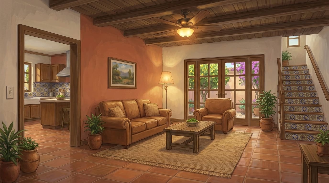 La sala de la casa, con la cocina a la izquierda, el patio al fondo y la escalera a la derecha