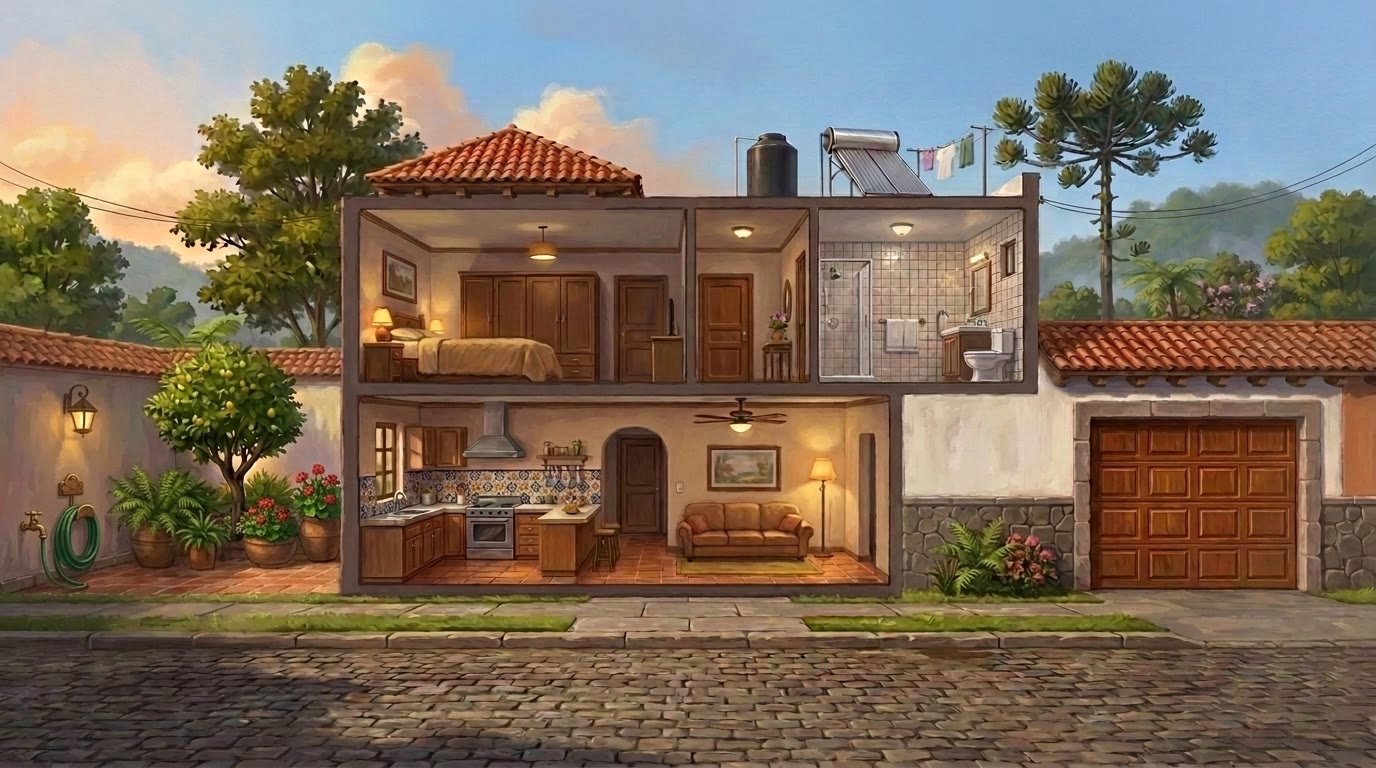 La casa abierta: cocina, sala, recámara, baño, azotea, patio y cochera